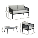 This outdoor conversation set includes a sofa, armchair, and table, all crafted with black steel frames. The sofa and chair boast light cushions for comfort, while the tables design is simple and flat. Ideal for any patio or garden space, this set blends style with functionality effortlessly.