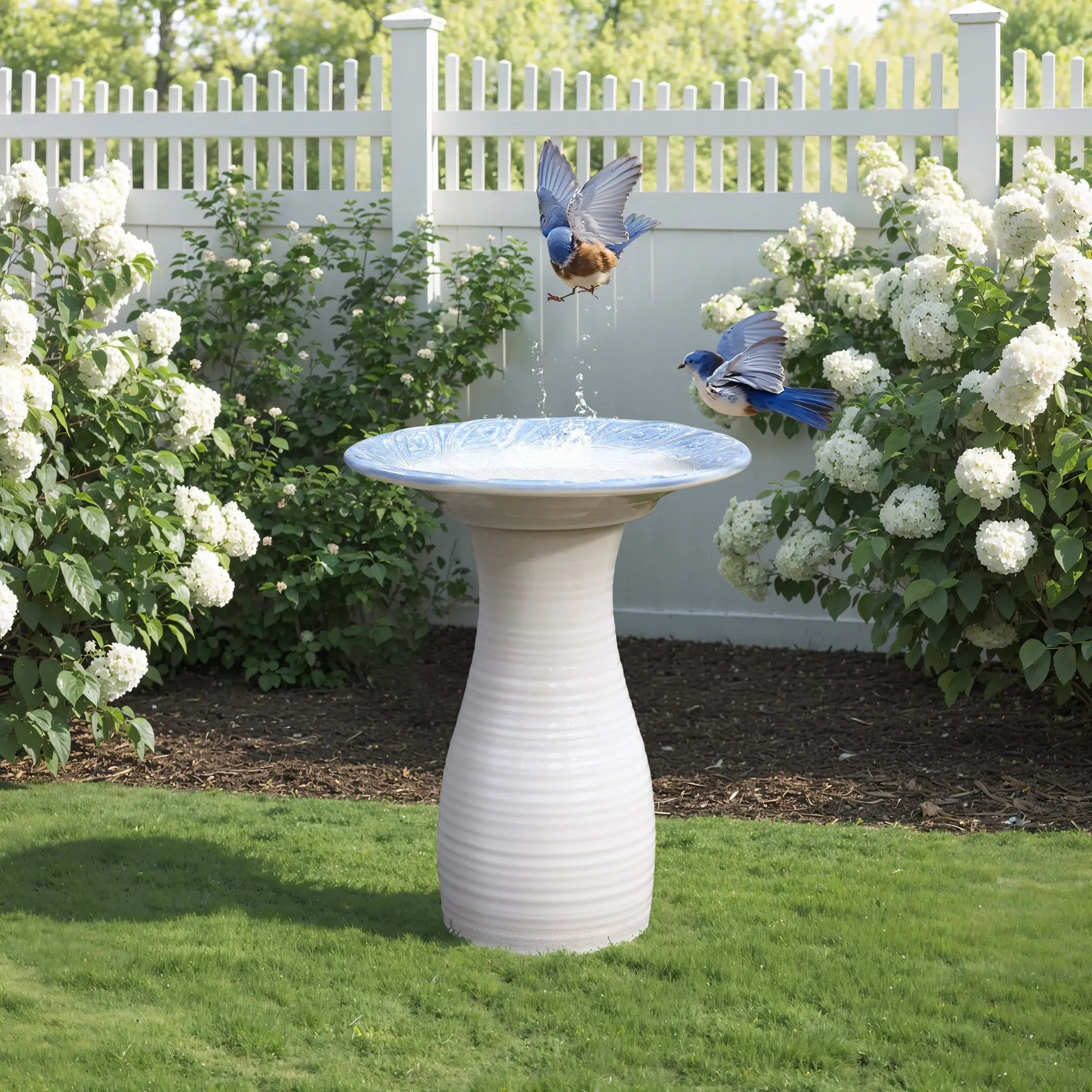 White ribbed ceramic bird bath - LuxenHome