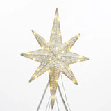 A lit silver star tree topper, reminiscent of the North Star, with multiple points and embedded LED bulbs, set against a plain background. This Christmas decoration adds a celestial touch to your festive display.