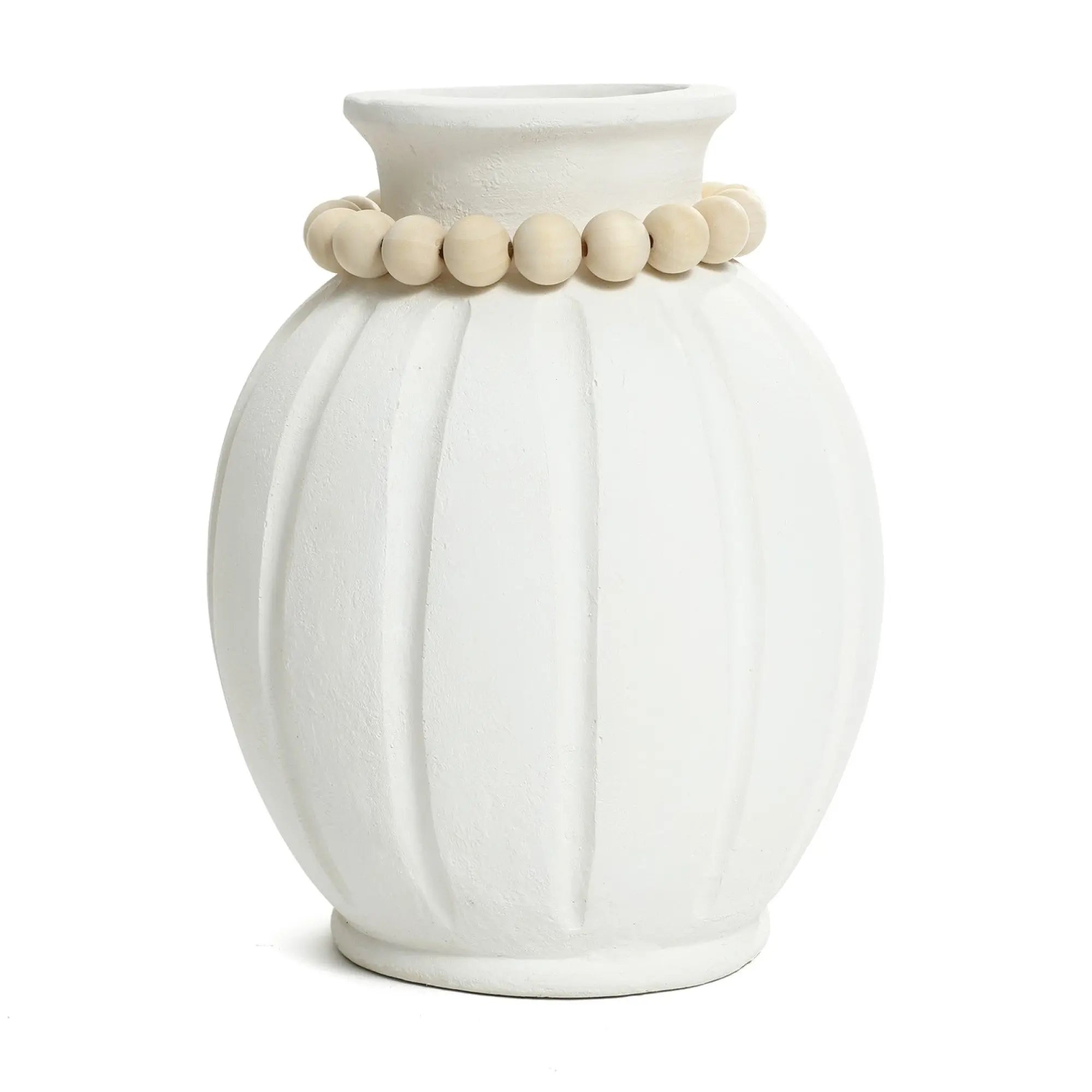 White ceramic vase with a minimalist design featuring vertical ribbed grooves and a decorative band of wooden beads around the top.