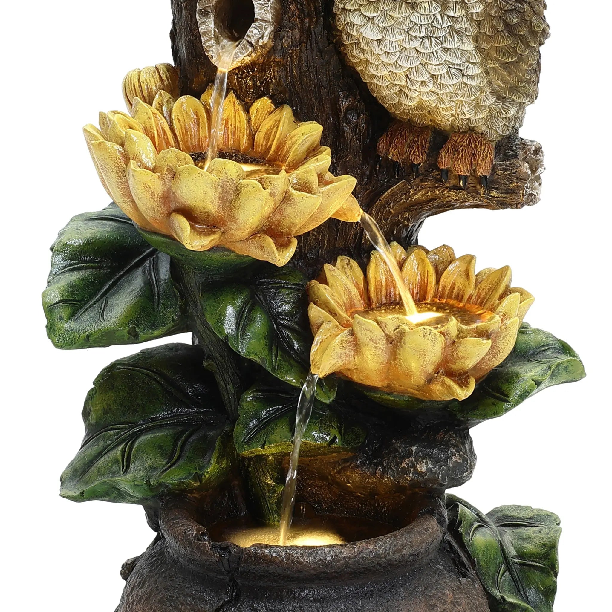 Sunflower and Owl Polyresin Outdoor Water Fountain with Lights - LuxenHome