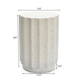 A textured cylindrical modern side table with fluted sides, crafted from cement, shown with measurements: 18 tall, 13 wide, 11.31 deep, and a 2.25 base height.