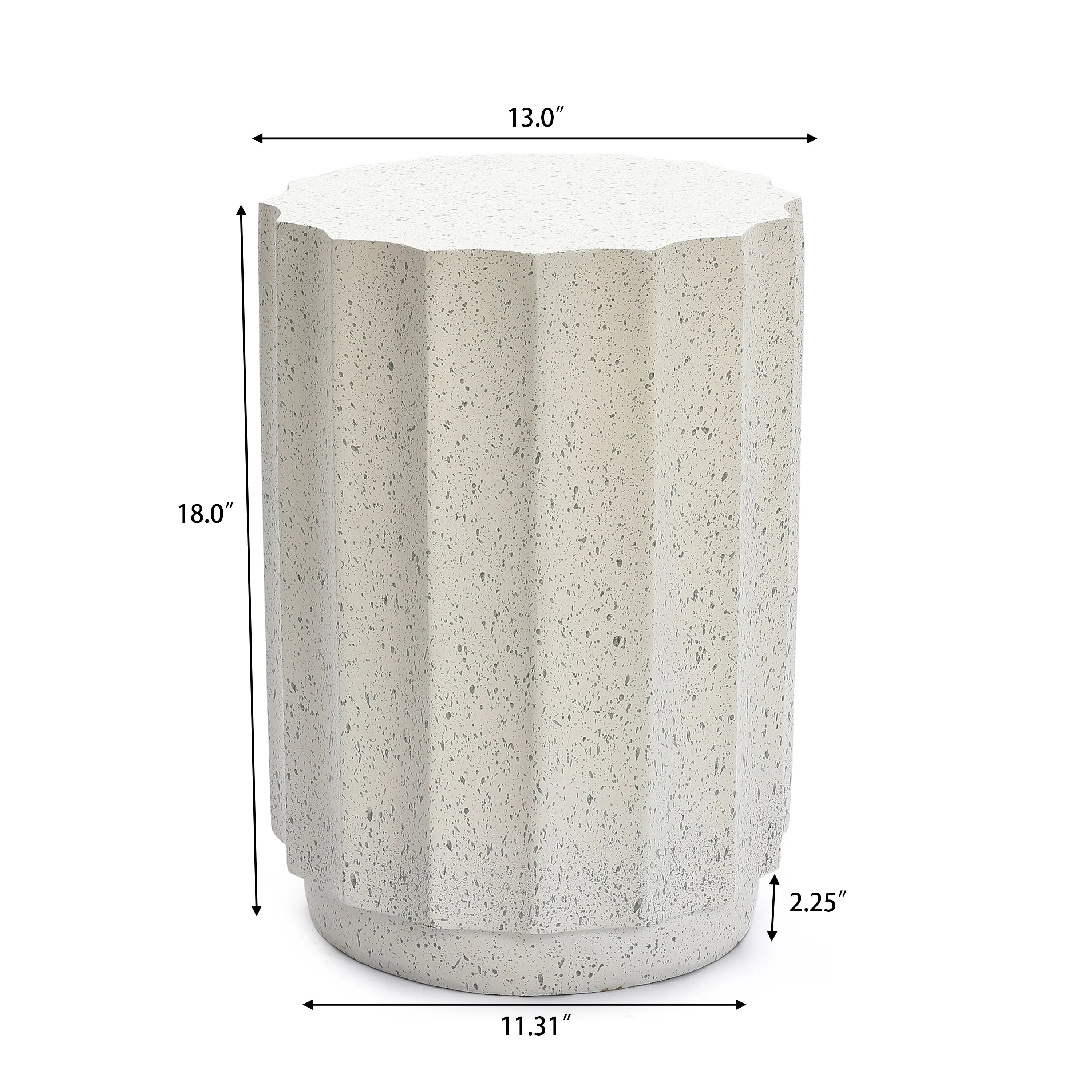 A textured cylindrical modern side table with fluted sides, crafted from cement, shown with measurements: 18 tall, 13 wide, 11.31 deep, and a 2.25 base height.