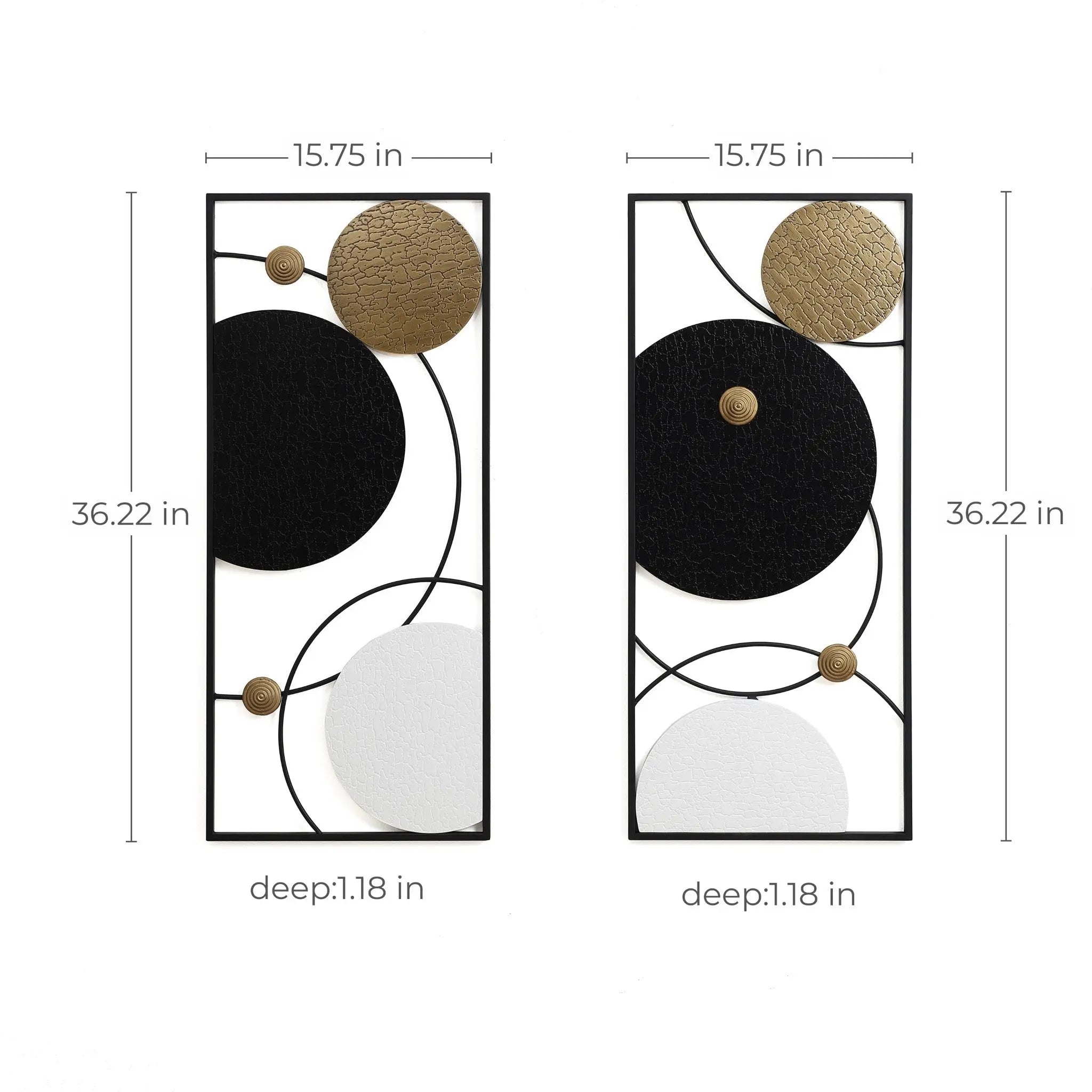 This two-piece set of modern abstract wall decor showcases decorative panels, each 36.22 inches by 15.75 inches, with geometric designs in black, white, and gold tones. Each panel has a depth of 1.18 inches.