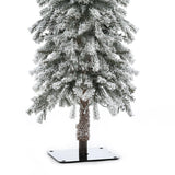 Artificial Christmas tree with lifelike PVC branches, snow-frosted for a winter wonderland feel, standing on a flat, square black base against a white background.