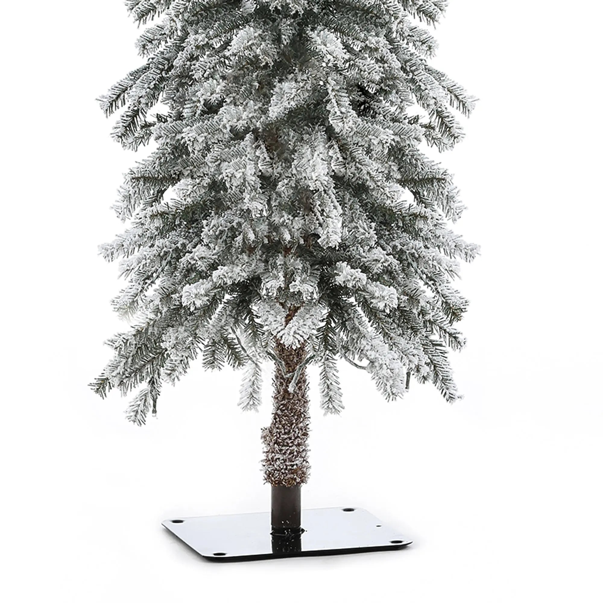 Artificial Christmas tree with lifelike PVC branches, snow-frosted for a winter wonderland feel, standing on a flat, square black base against a white background.