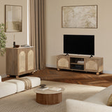 Natural Finish Engineered Wood TV Stand with Pine Legs, 55"