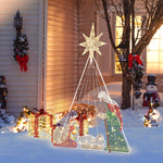 Outdoor Christmas display featuring a lighted nativity scene with figures of Mary, Joseph, and baby Jesus under a radiant North Star. Nearby, decorative snowmen and gift boxes illuminate the snowy yard with LED bulbs, creating a magical Christmas decoration.