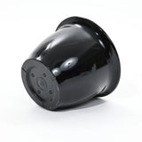 A black plastic flower pot, perfect for indoor and outdoor use, is shown upside down on a white background.