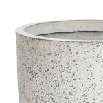 Close-up of an antique charm planter with a textured, light-gray concrete surface and a round, open top, showcasing its rough, speckled finish.