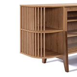 The LuxenHome Miko sideboard server cabinet features a mid-century modern design with solid wood legs, vertical slatted curved sides, open shelves, and a smooth light wood finish for clean lines and exceptional functionality.