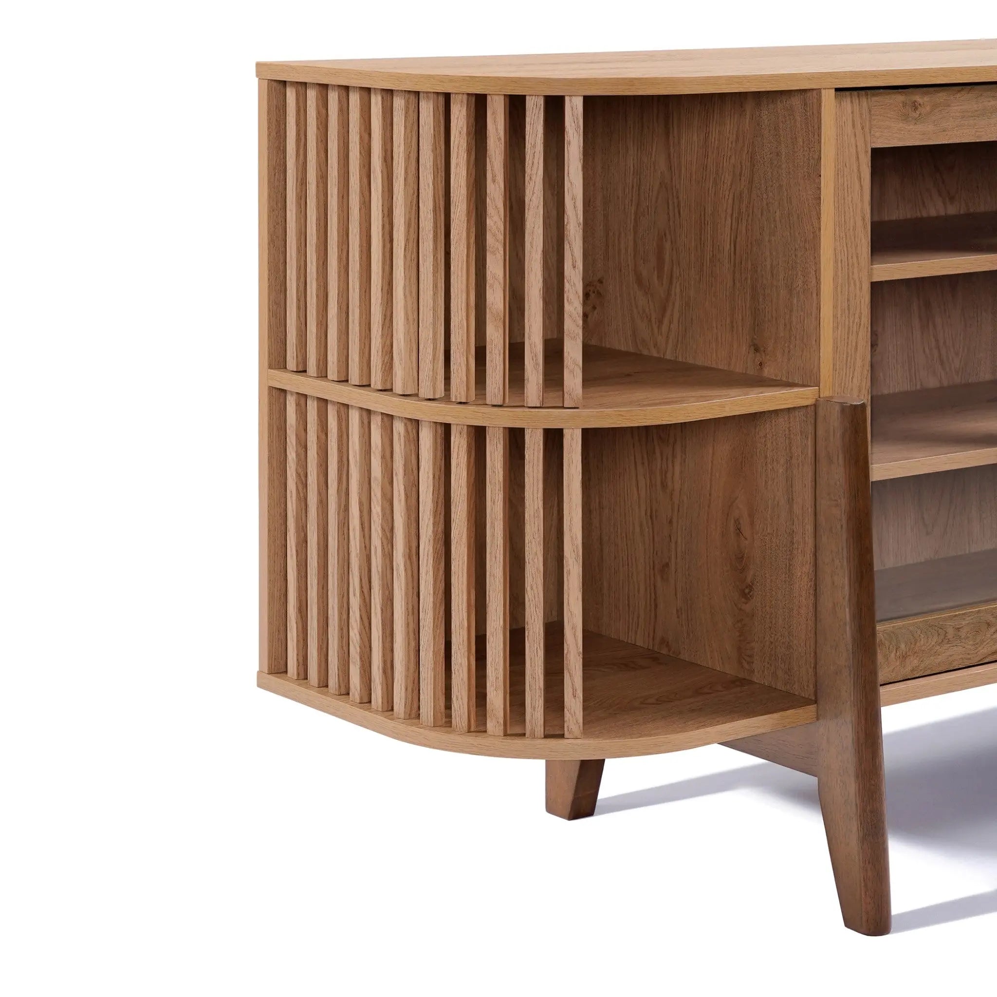 The LuxenHome Miko sideboard server cabinet features a mid-century modern design with solid wood legs, vertical slatted curved sides, open shelves, and a smooth light wood finish for clean lines and exceptional functionality.