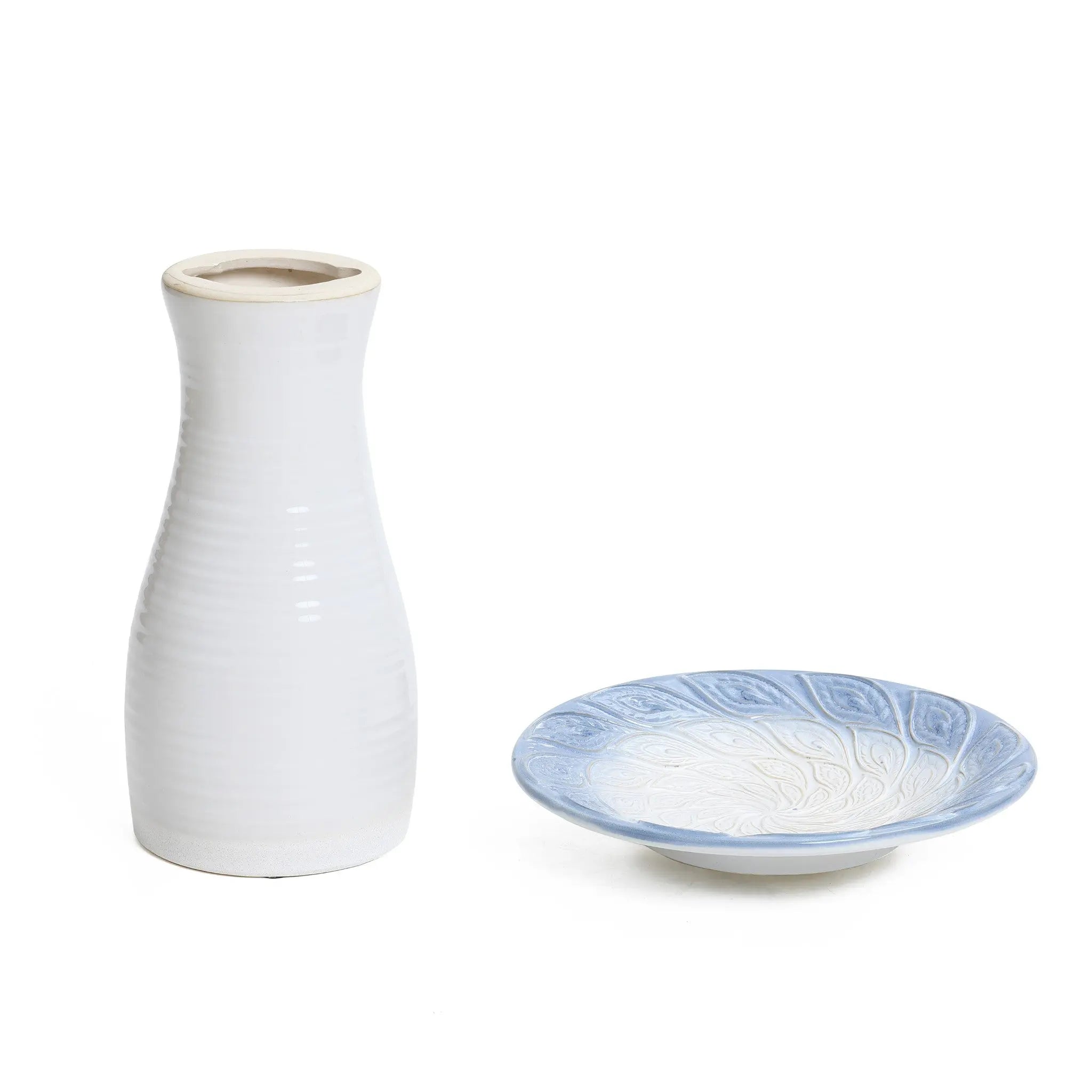 White ribbed ceramic bird bath - LuxenHome