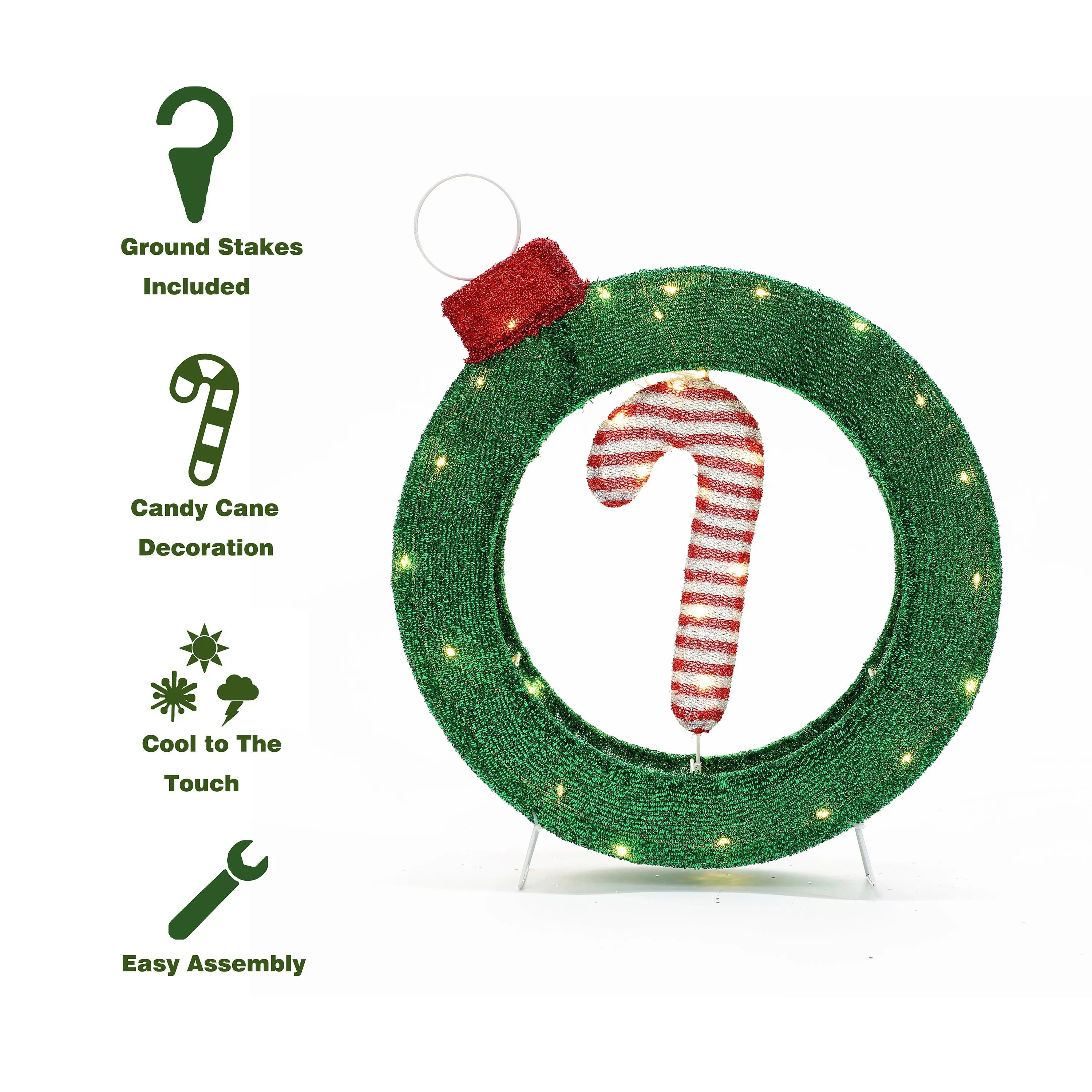Candy cane lighted wreath outdoor christmas decoration, 1.9 ft tall - LuxenHome