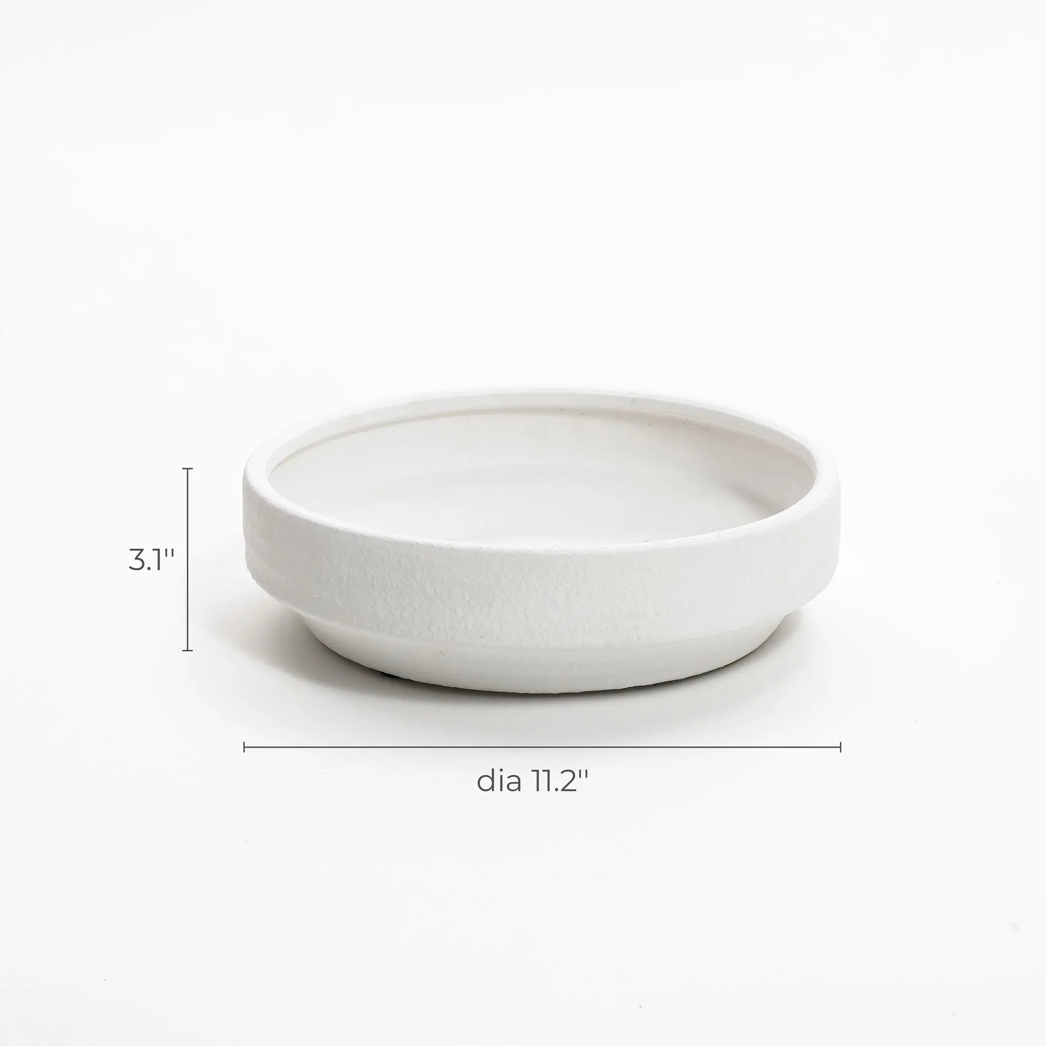 White ceramic bowl with measurements: 3.1 inches tall and 11.2 inches in diameter, perfect as a round bowl vase. Ideal for showcasing floral arrangements indoors and outdoors, blending elegance and versatility seamlessly.