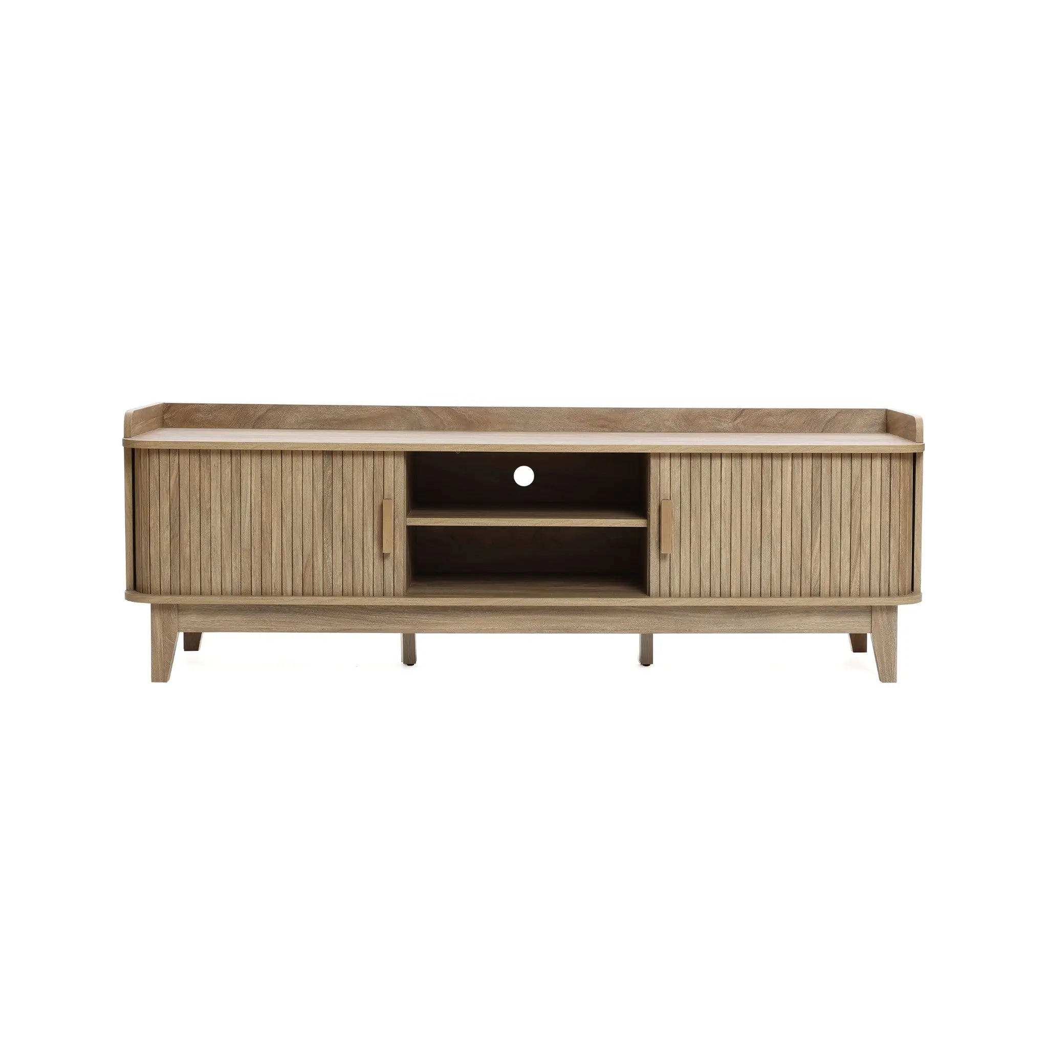 Mid-Century Modern Tambour-Style 2-Door 63-Inch Wide TV Stand with Tray Top, Oak - LuxenHome