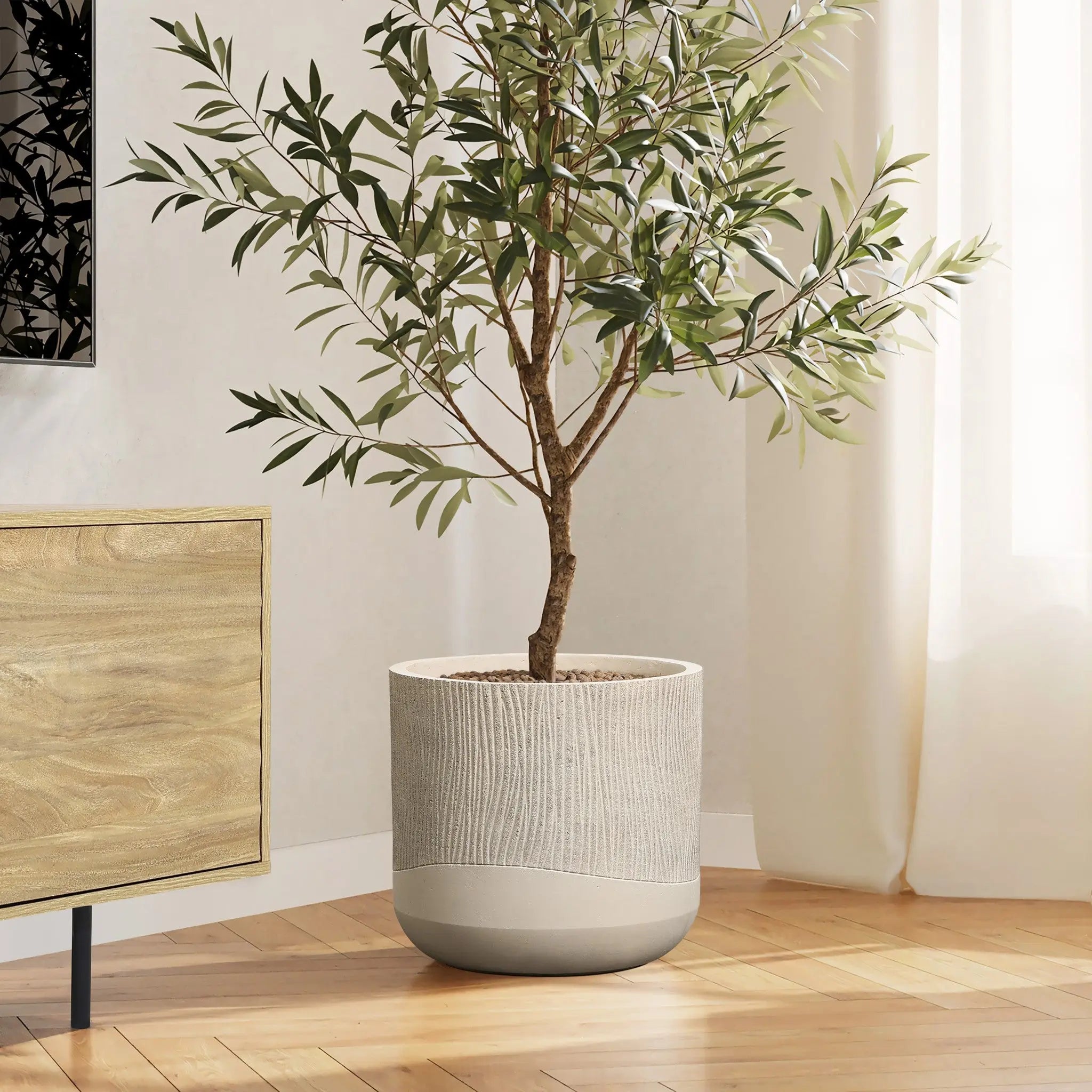 Blended tan with wood pattern round planter, 13.8" h - LuxenHome