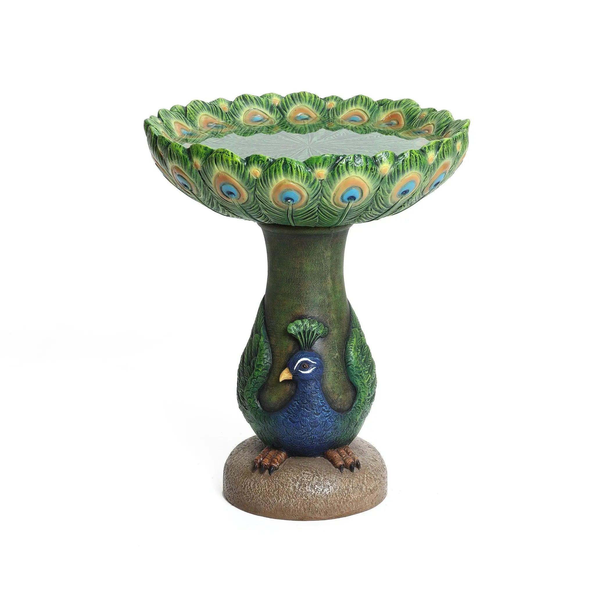 An exquisite peacock resin birdbath features intricate feather patterns in the bowl and a base shaped like a graceful peacock. Perfectly crafted, it adds charm to any outdoor space.