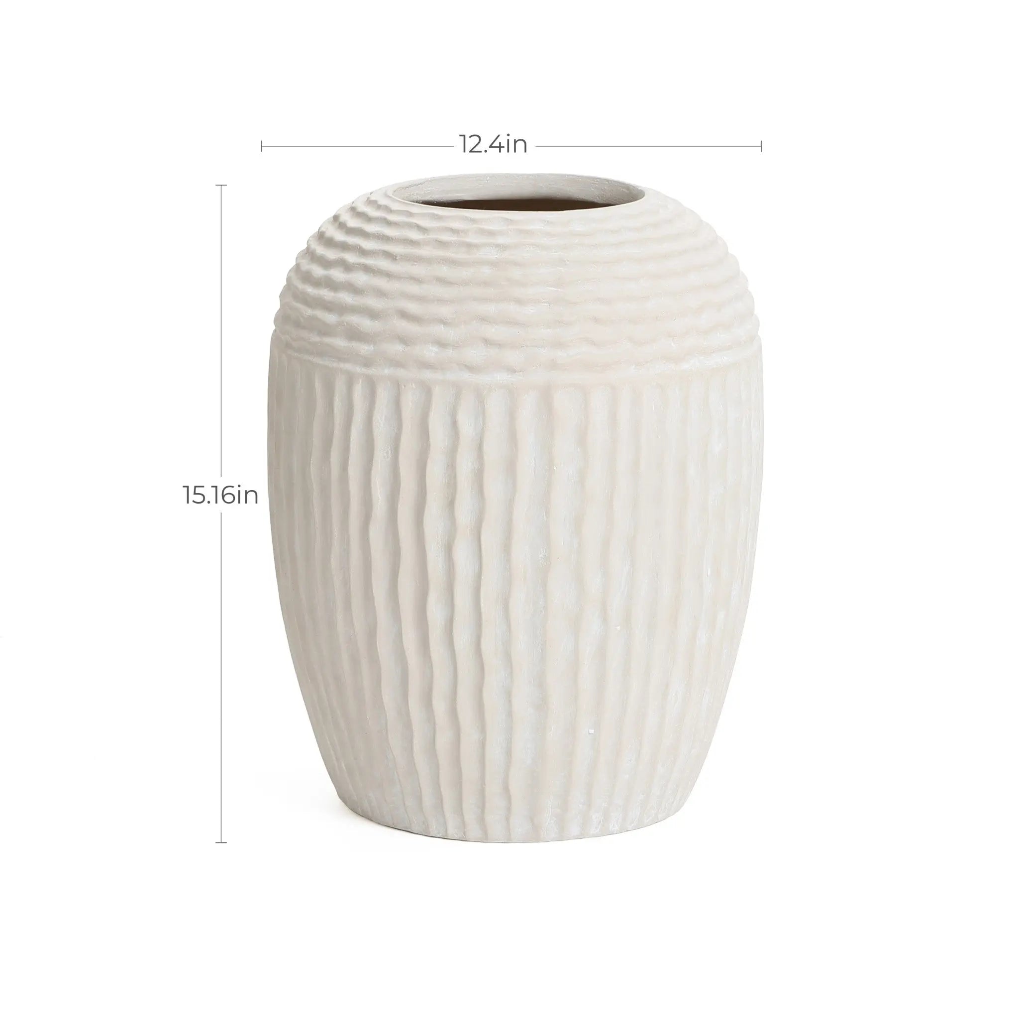 Beige ribbed round MgO Vase, 15.2'' h - LuxenHome