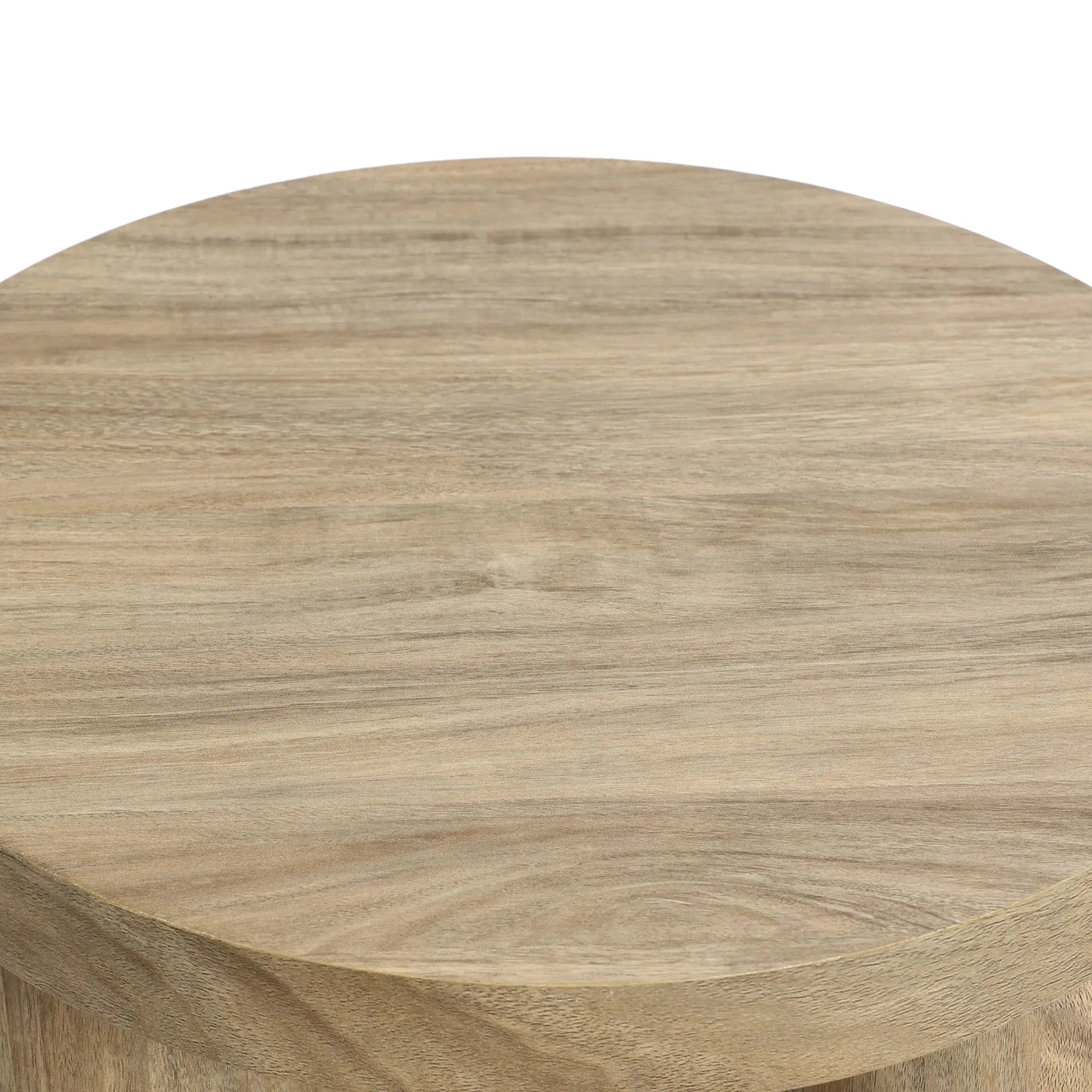 Close-up of a round side table showcasing natural wood grain and texture, designed with an oak finish for timeless elegance.