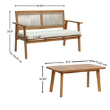 Introducing our modern minimalist outdoor loveseat set crafted from FSC-certified Acacia wood. The bench measures 46.06 wide, 29.5 high, and 24.21 deep, while the sleek coffee table is 31.5 wide, 14.96 high, and 17.32 deep—an eco-friendly choice for your patio oasis.