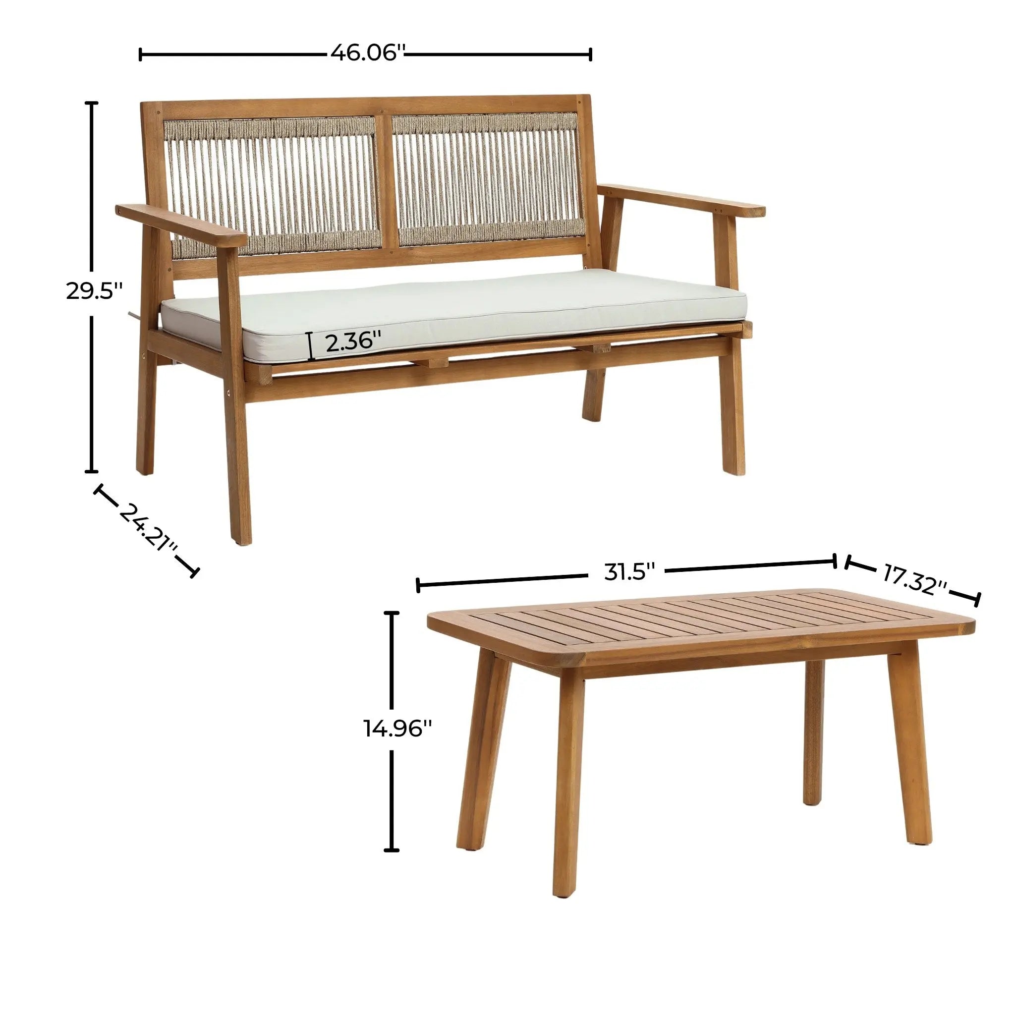 Introducing our modern minimalist outdoor loveseat set crafted from FSC-certified Acacia wood. The bench measures 46.06 wide, 29.5 high, and 24.21 deep, while the sleek coffee table is 31.5 wide, 14.96 high, and 17.32 deep—an eco-friendly choice for your patio oasis.