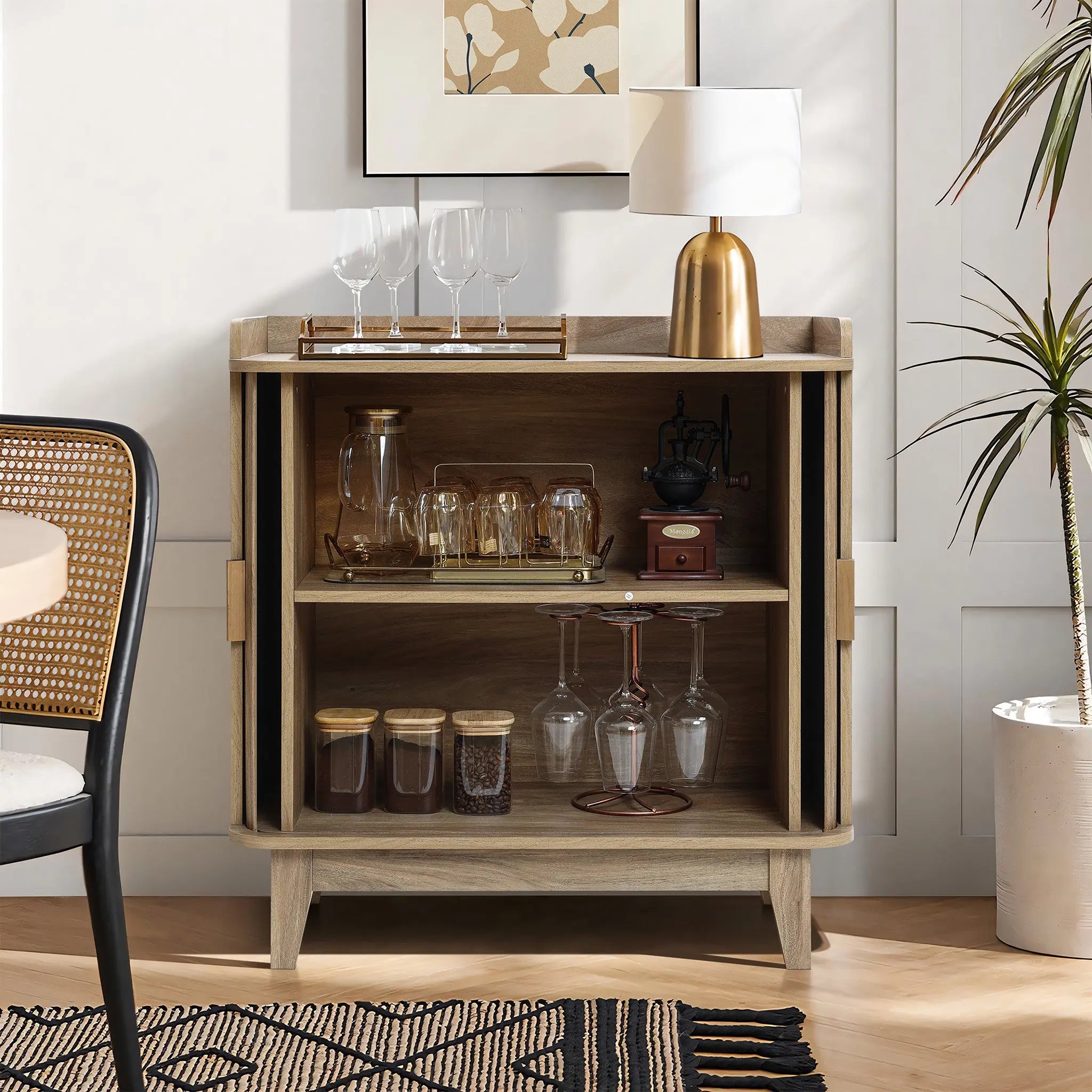 Fluted tambour door oak finish storage cabinet with tray top - LuxenHome
