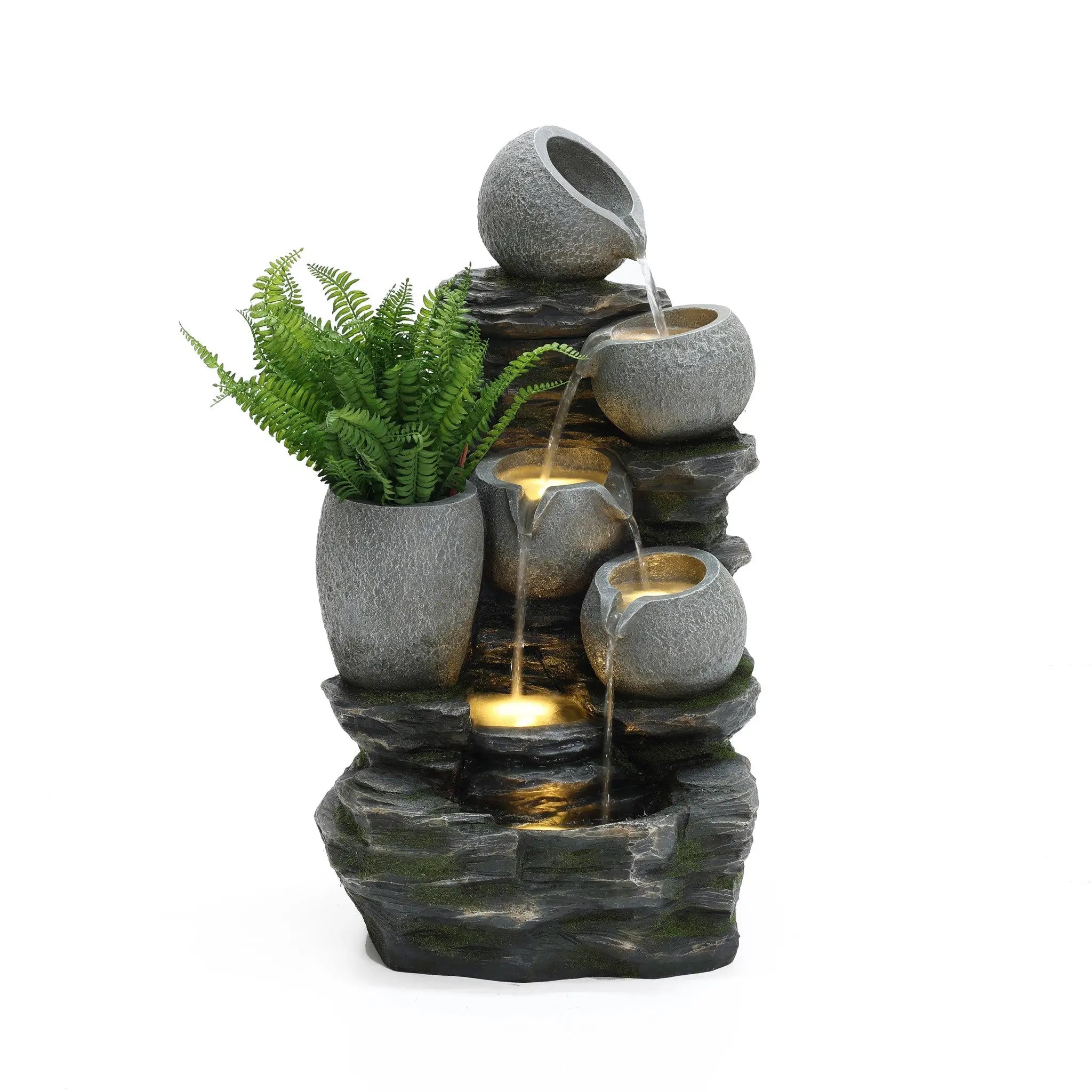 3-Tier Gray Pots on Stacked Rocks Polyresin Outdoor Water Fountain with Lights and Gray Side Planter - LuxenHome