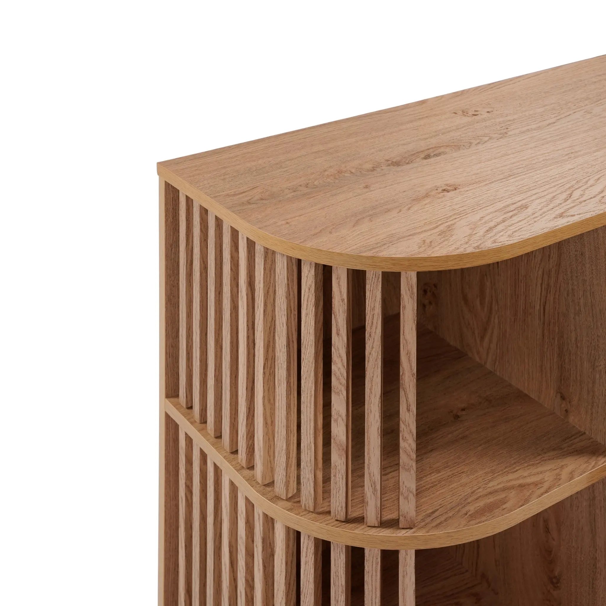 Close-up of the LuxenHome Miko sideboard server cabinet showcasing open slatted sides and a smooth, rounded top. Its natural wood grain and warm tones evoke a mid-century modernist design, offering minimalist and stylish wooden furniture with solid legs.