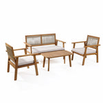 This outdoor furniture set features minimalist design, crafted with FSC-certified Acacia wood. It includes a wooden patio ensemble with two armchairs, a loveseat, and a coffee table. White cushions complement the woven elements on the chair backs for an elegant touch.