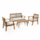 This outdoor furniture set features minimalist design, crafted with FSC-certified Acacia wood. It includes a wooden patio ensemble with two armchairs, a loveseat, and a coffee table. White cushions complement the woven elements on the chair backs for an elegant touch.