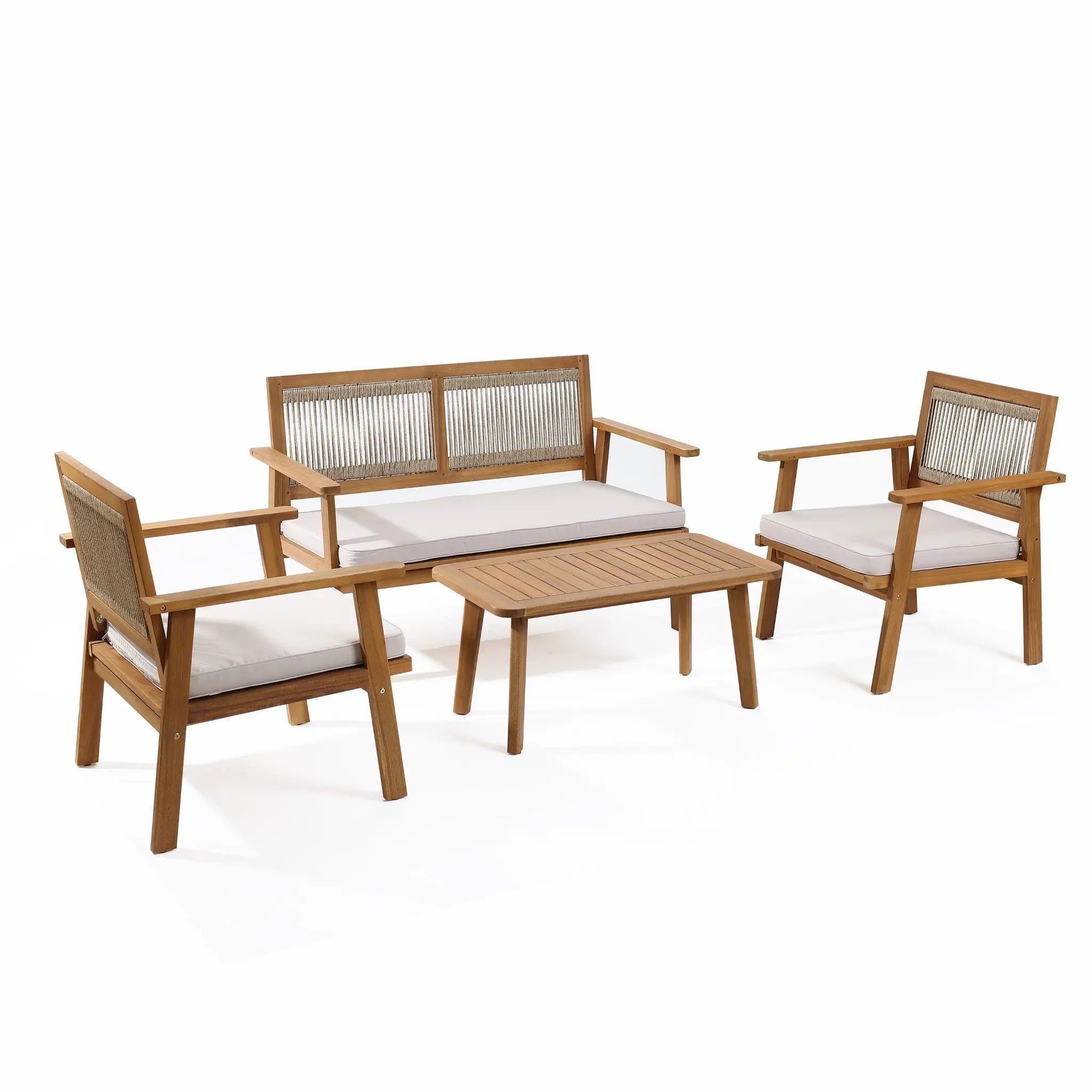 This outdoor furniture set features minimalist design, crafted with FSC-certified Acacia wood. It includes a wooden patio ensemble with two armchairs, a loveseat, and a coffee table. White cushions complement the woven elements on the chair backs for an elegant touch.
