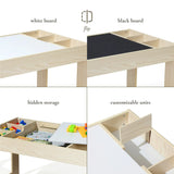 The LuxenHome Drawing and Activity Board Children Table with 2 Chairs Set is a multifunctional wooden table featuring a flip option for a childrens drawing board, displaying a whiteboard on one side and blackboard on the other. It includes hidden storage, customizable sections with bright craft materials, and dividers.
