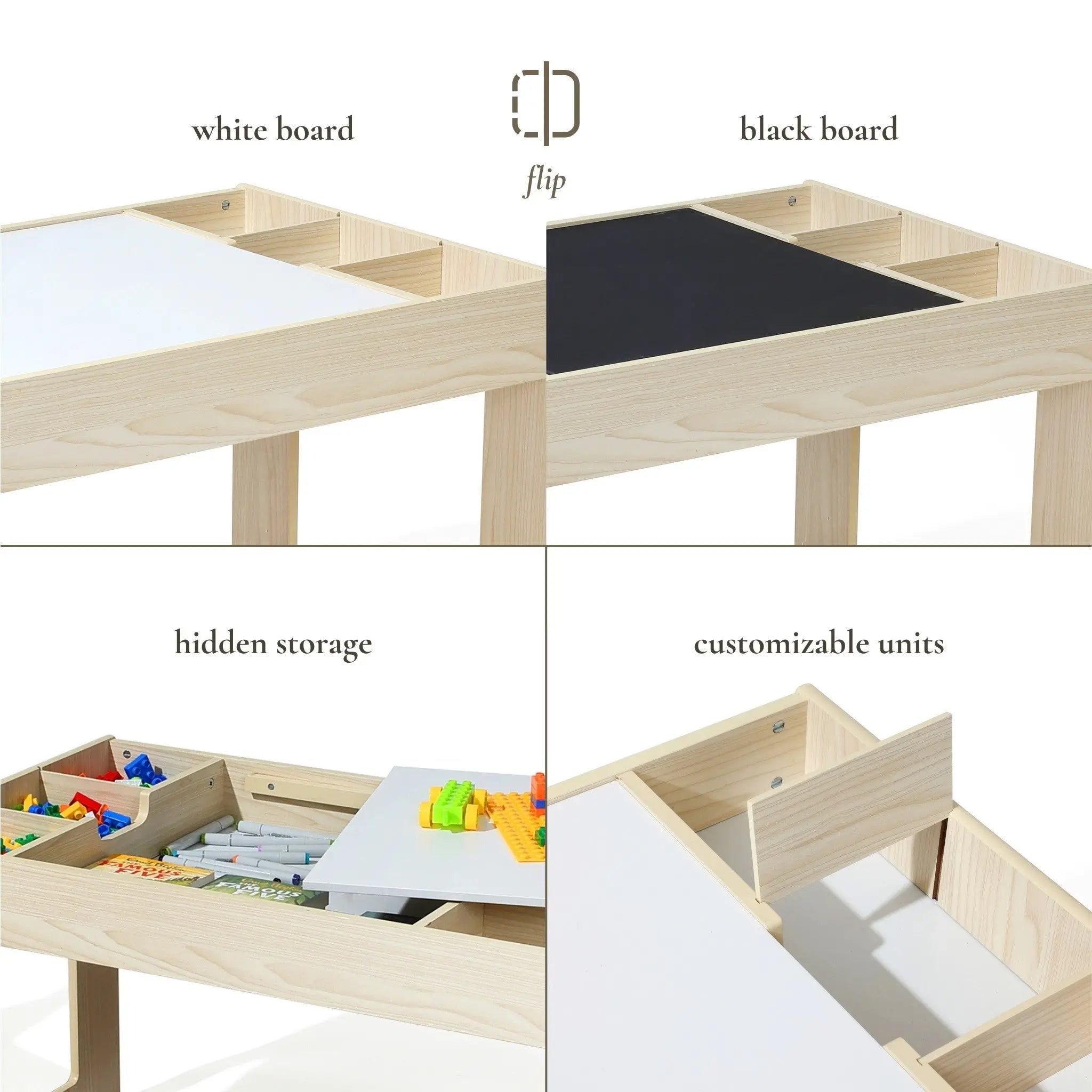 The LuxenHome Drawing and Activity Board Children Table with 2 Chairs Set is a multifunctional wooden table featuring a flip option for a childrens drawing board, displaying a whiteboard on one side and blackboard on the other. It includes hidden storage, customizable sections with bright craft materials, and dividers.