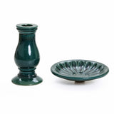 Green ceramic candle holder and matching dish, featuring a floral design on a white background, perfect for enhancing your outdoor space.