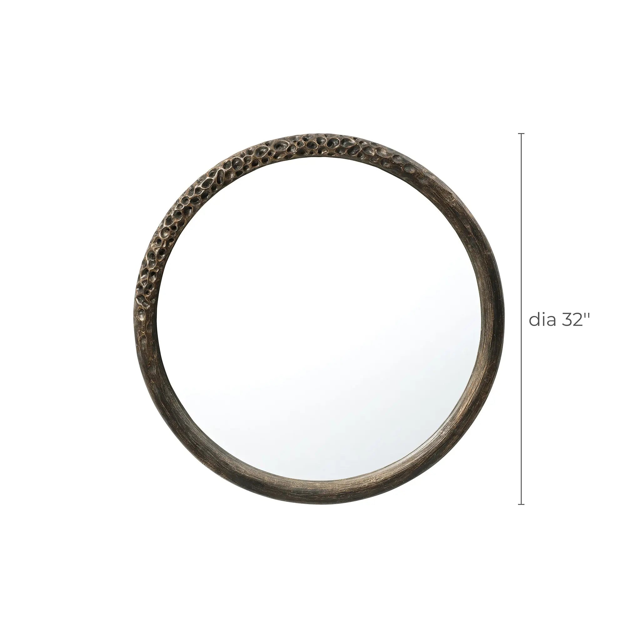The LuxenHome Aged Wood Finish Crater Pattern Round Wall Mirror has a textured, brown crater frame with a dark wooden finish. Its 32-inch diameter and industrial-inspired design enhance the depth and character of any room.