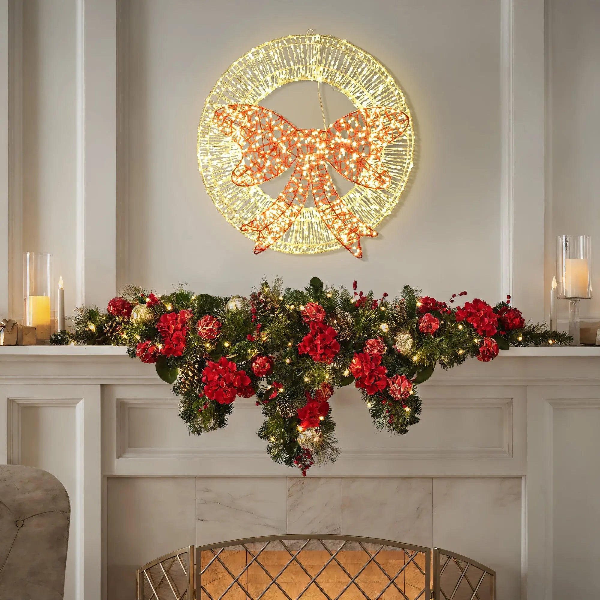 Light wreath and red bowtie, with timer light - LuxenHome