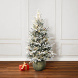 4.5Ft Pre-Lit LED Artificial Flocked Pine Tree with Pine Cones and Pot