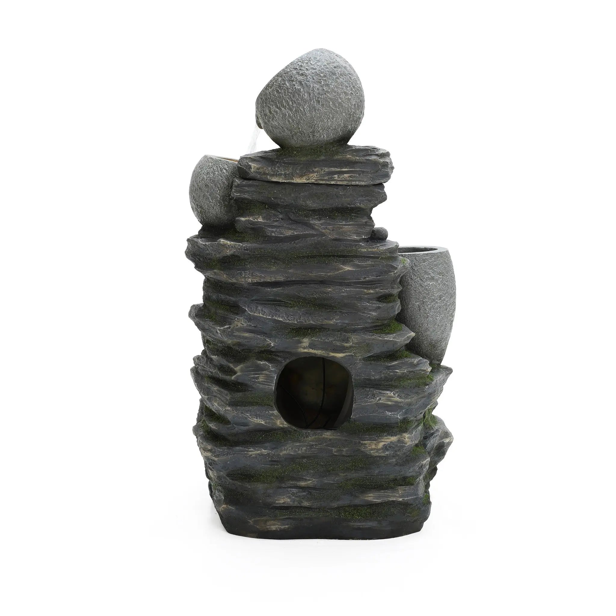 3-Tier Gray Pots on Stacked Rocks Polyresin Outdoor Water Fountain with Lights and Gray Side Planter - LuxenHome