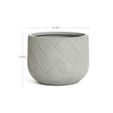 A round grey planter crafted from durable MgO material features a textured geometric pattern, embodying a modern minimalist aesthetic. It measures 14.2 inches in diameter and 11.8 inches in height, making it a stylish addition to any space.