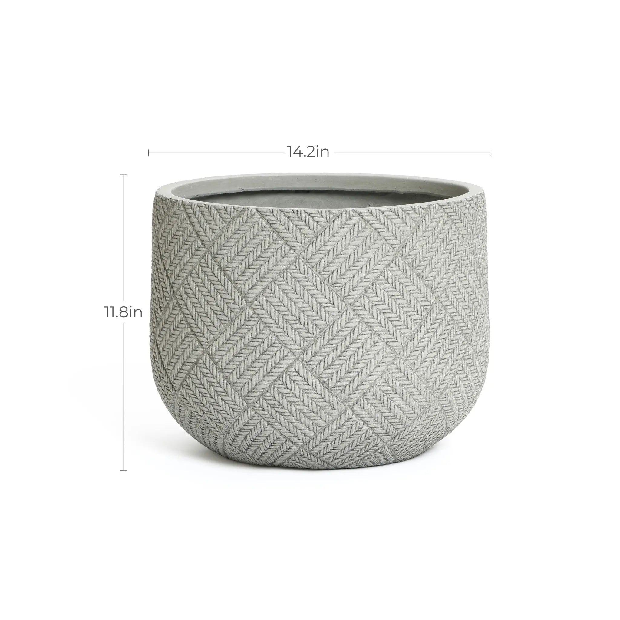 A round grey planter crafted from durable MgO material features a textured geometric pattern, embodying a modern minimalist aesthetic. It measures 14.2 inches in diameter and 11.8 inches in height, making it a stylish addition to any space.