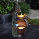 Rain barrel with tree and birds polyresin outdoor water fountains with light - LuxenHome