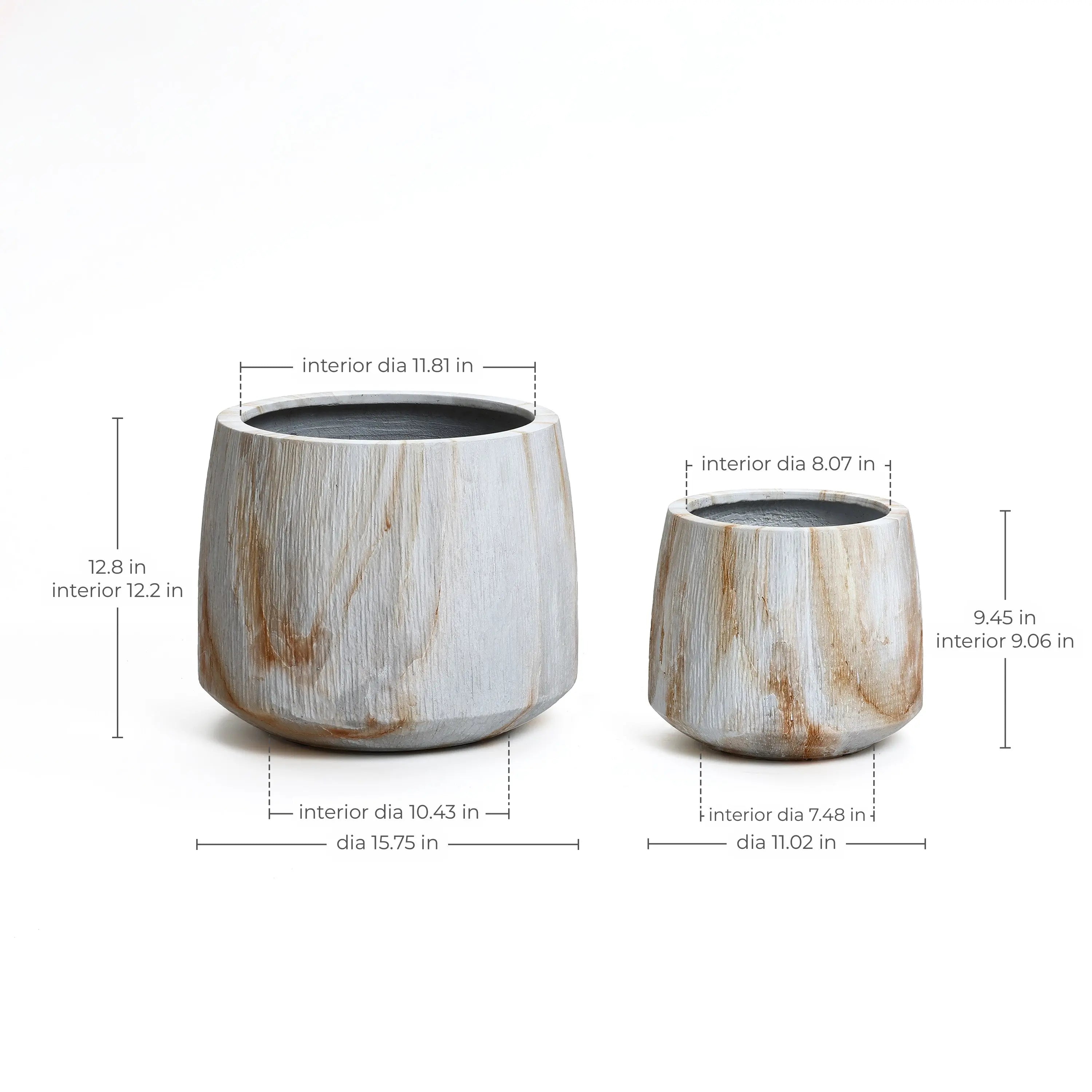 Two round, gray planters with a wood-like texture are shown. The larger pot is approximately 12.8 inches tall, while the smaller one is about 9.45 inches tall, making this MgO Planter Set perfect for both indoor and outdoor settings.