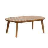 A wooden oval coffee table with slatted top and four angled legs, shown on a white background, complements club-style patio furniture or an outdoor Acacia wood setup.