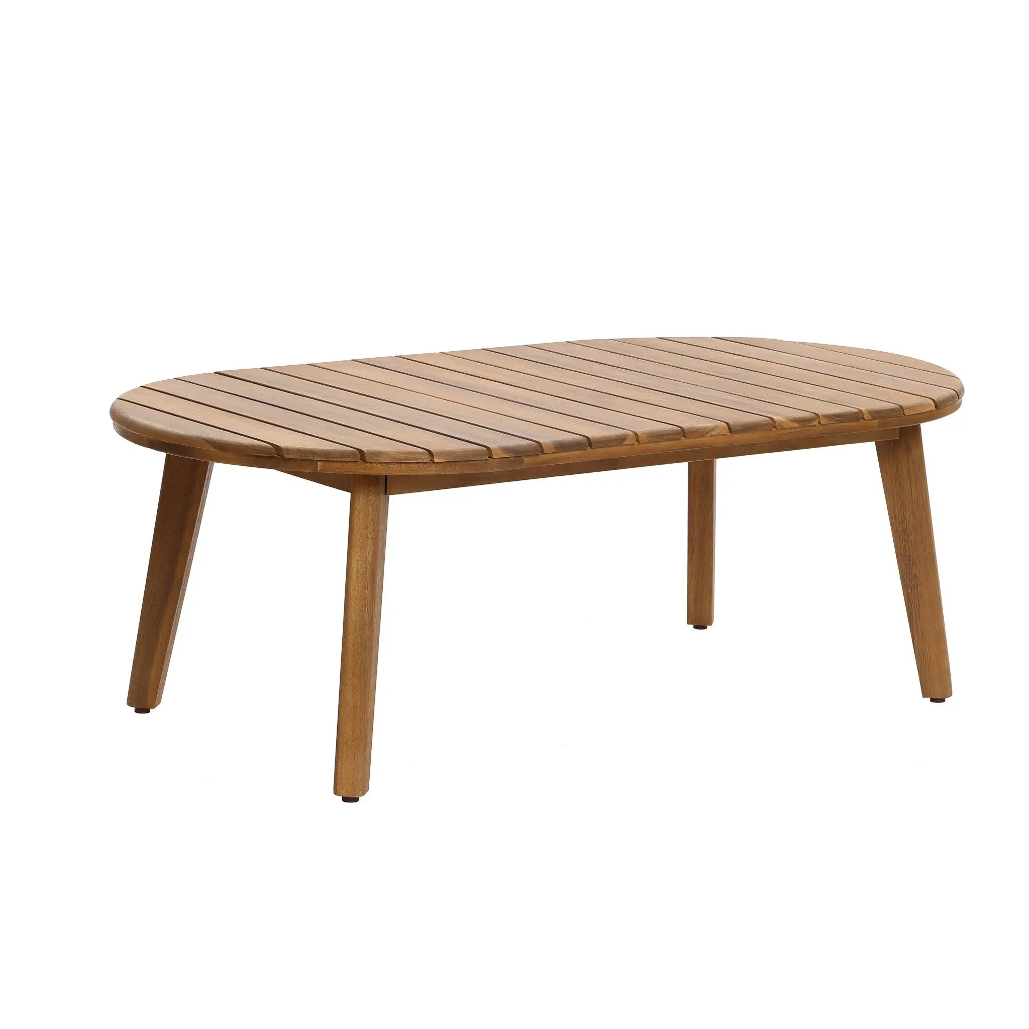 A wooden oval coffee table with slatted top and four angled legs, shown on a white background, complements club-style patio furniture or an outdoor Acacia wood setup.