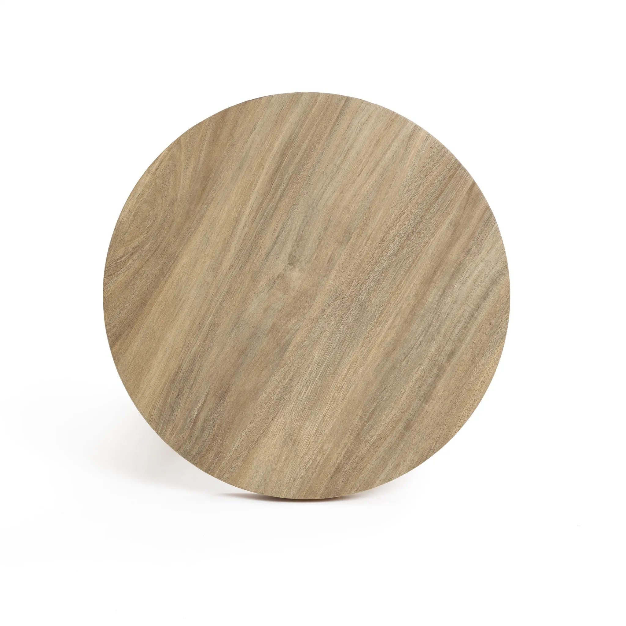 A round wooden board with a natural light brown wood grain pattern, placed against a plain white background, reminiscent of an oak finish side table.