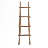 A solid wood blanket ladder with five rungs, exuding rustic charm from its unpolished branches, stands upright on a white background, effortlessly merging traditional aesthetics with modern functionality.