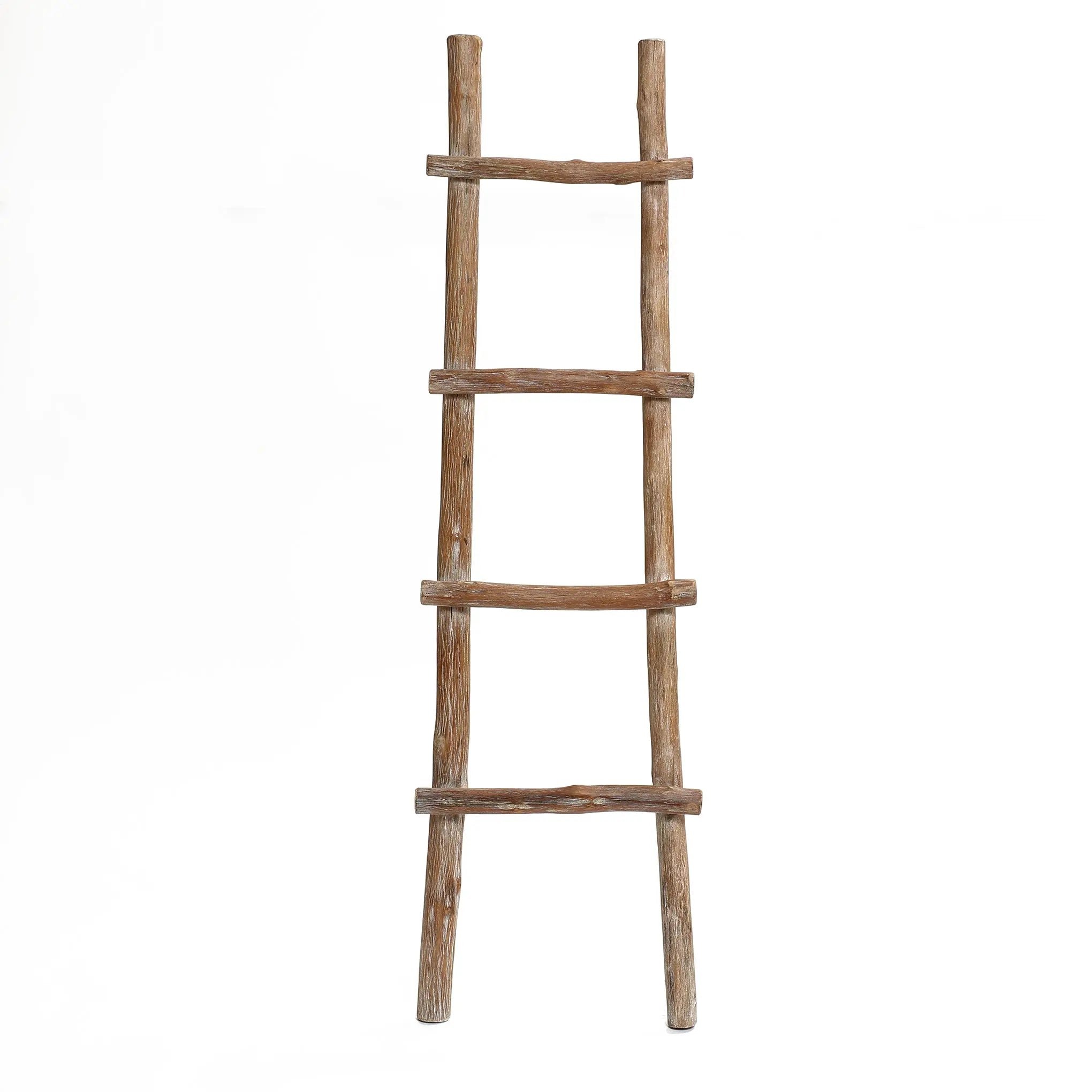 A solid wood blanket ladder with five rungs, exuding rustic charm from its unpolished branches, stands upright on a white background, effortlessly merging traditional aesthetics with modern functionality.