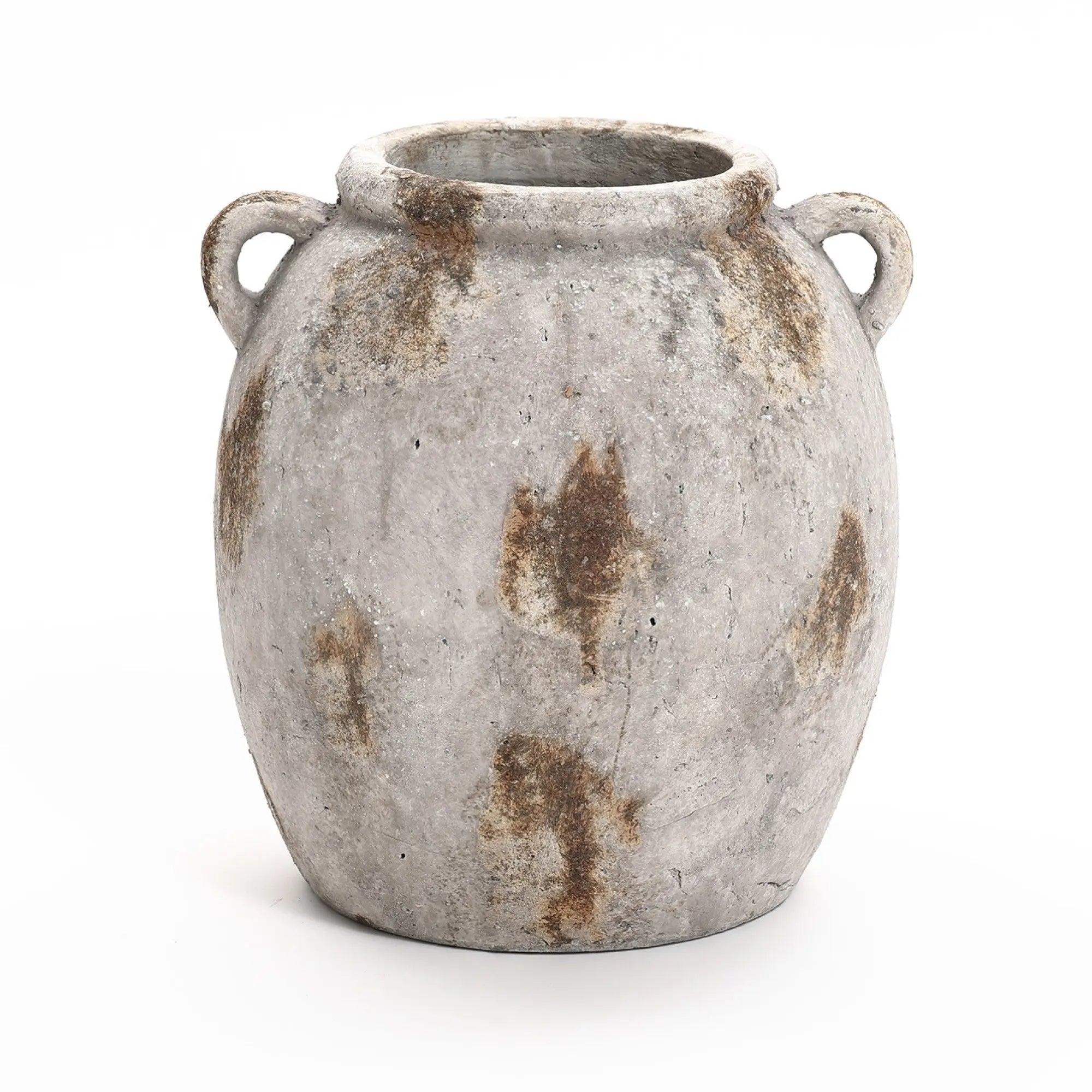 A weathered, gray ceramic pot with rust-like spots and two side handles exudes a handcrafted, vintage appeal reminiscent of an old terracotta jug vase.