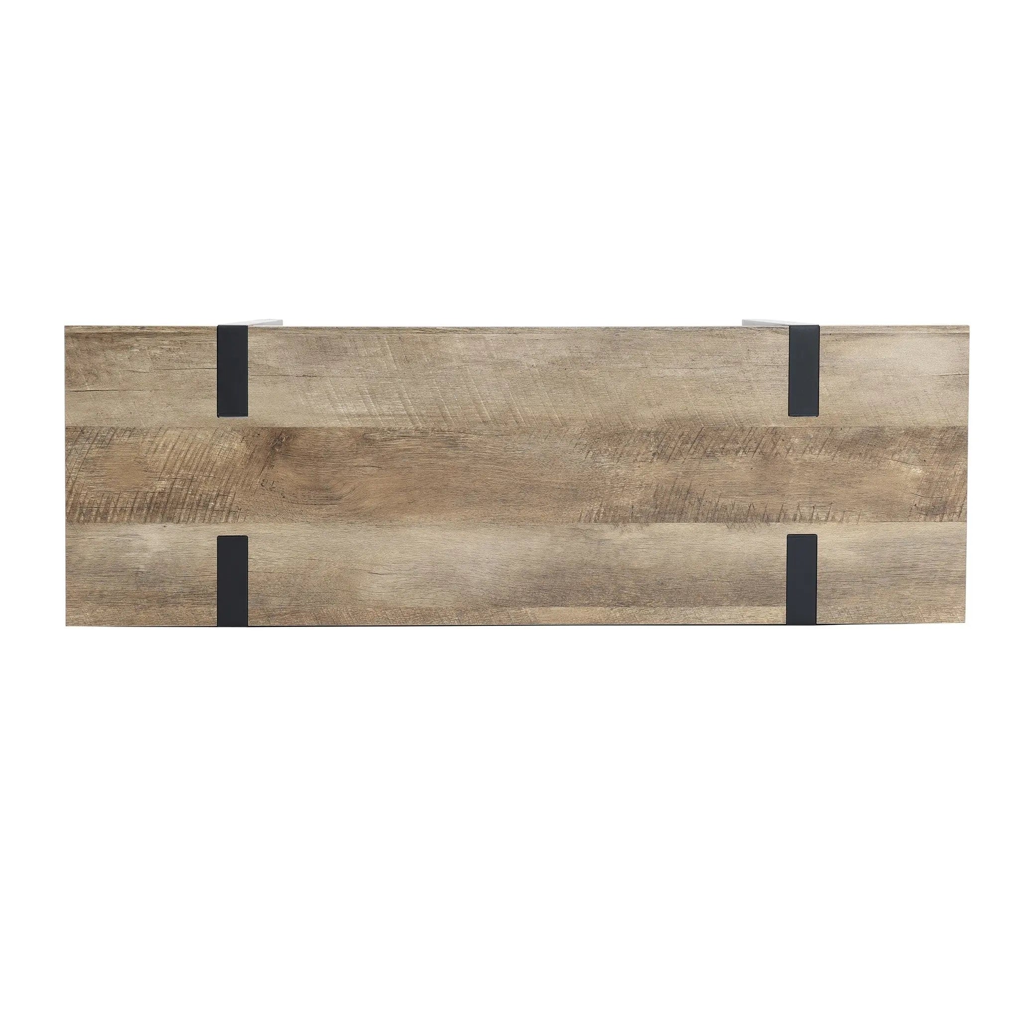 Rectangular wooden shelf with a light brown oak finish and two black metal brackets, crafted from high-quality manufactured wood.